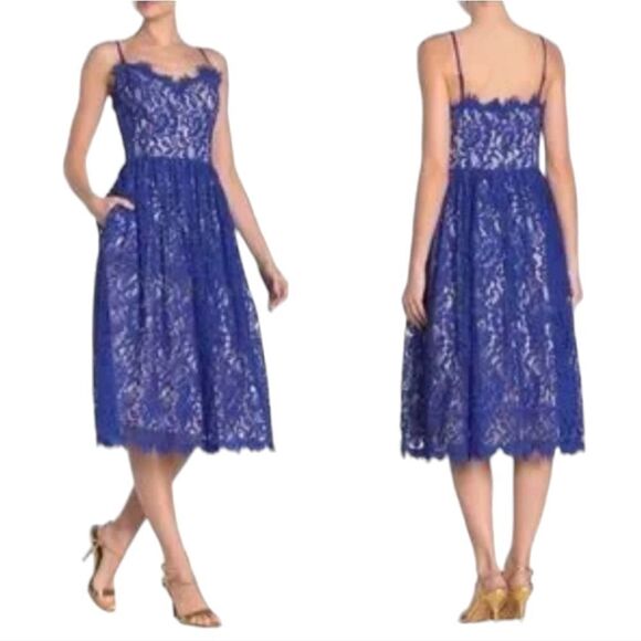 Eliza J Lace Cobalt Blue Illusion Dress Women's Sz 10 Pockets Adjustable NWOT - Picture 2 of 16